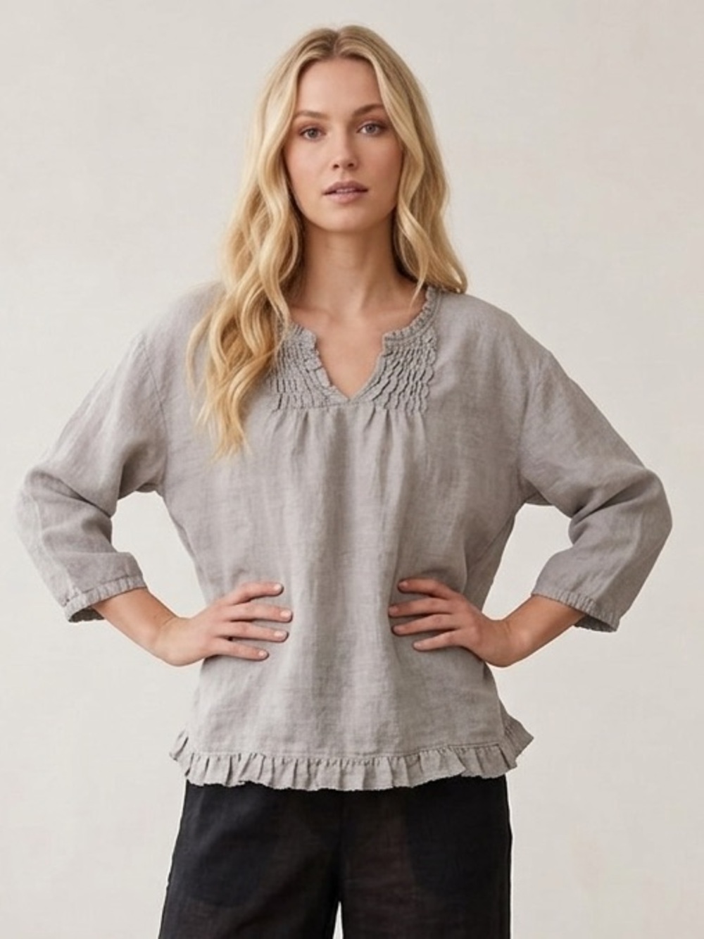 Diverse Gray Ruffled 3/4 Sleeve Linen Blouse